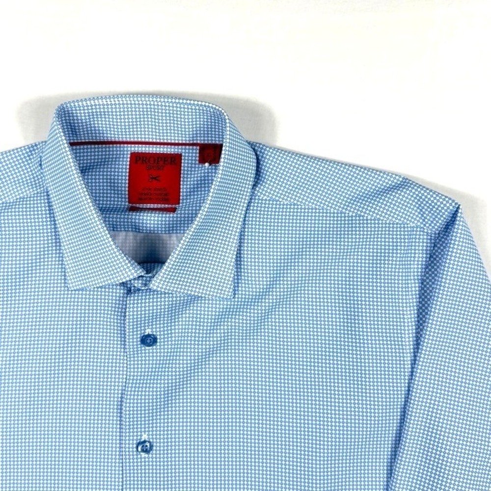 Proper Sport Mens XL Blue White Geometric Stretch Wrinkle Resistant Dress Shirt